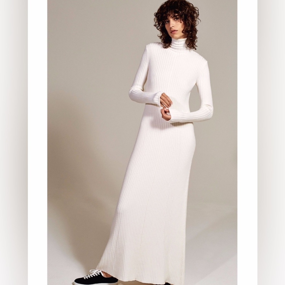 zara dress ecru ribbed turtleneck knit maxi dress long sleeve